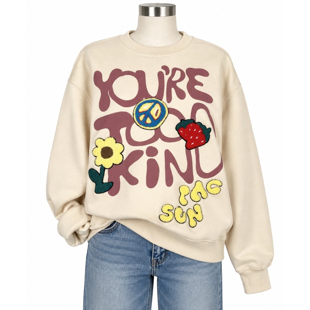 PacSun Youre Too Kind Graphic Sweatshirt Cream Chenille Patch Medium